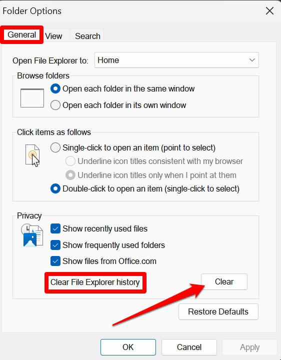 clear the file explorer history windows