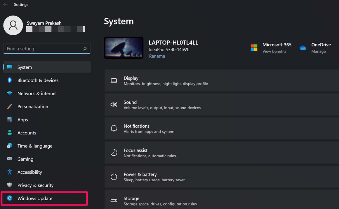 click on Windows update