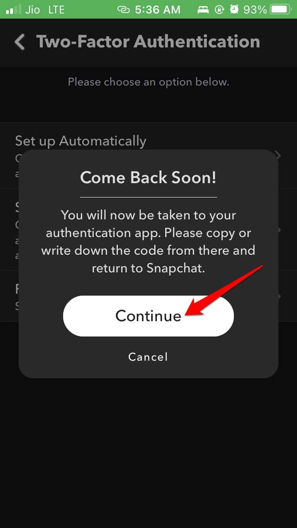 continue to authenticator app