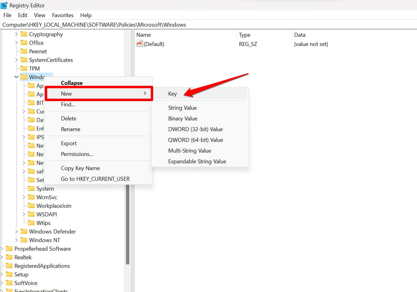 create new subkey WTips under Windows key