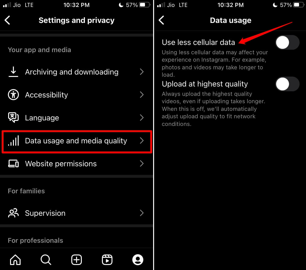 disable data saver mode on Instagram app for iOS