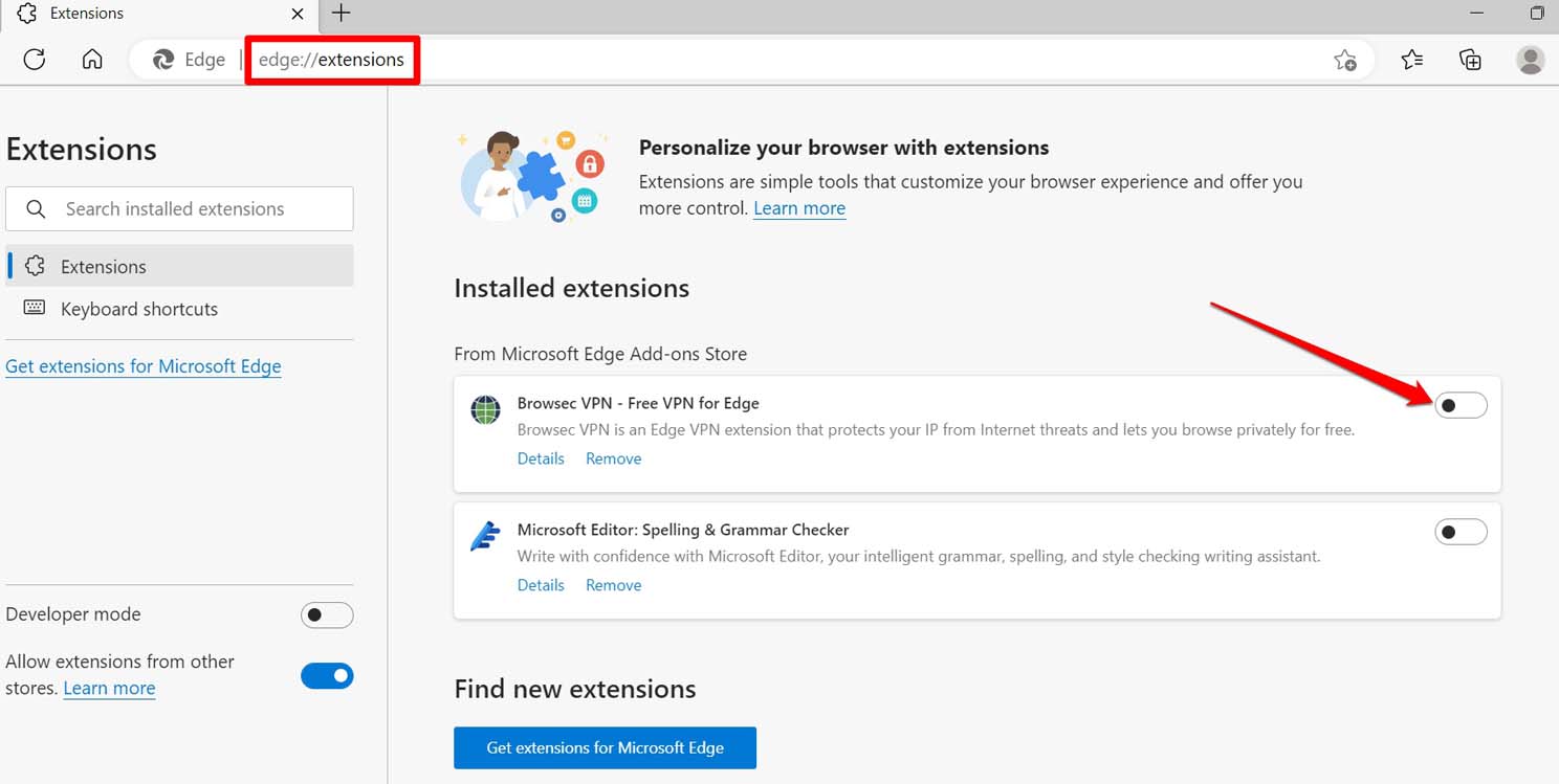 disable extensions on Edge browser