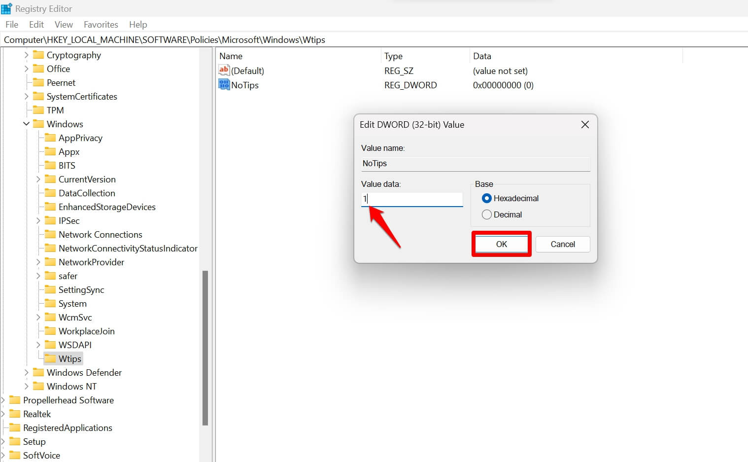 disable-tips-and-suggestions in Windows 11 using Registry