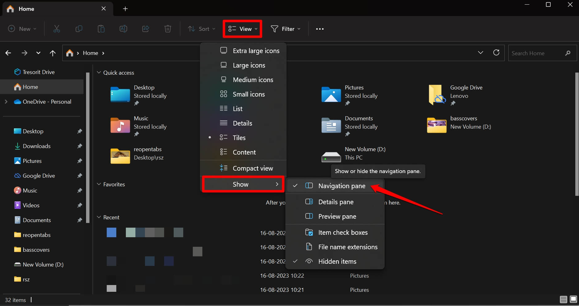 enable the navigation pane on File Explorer