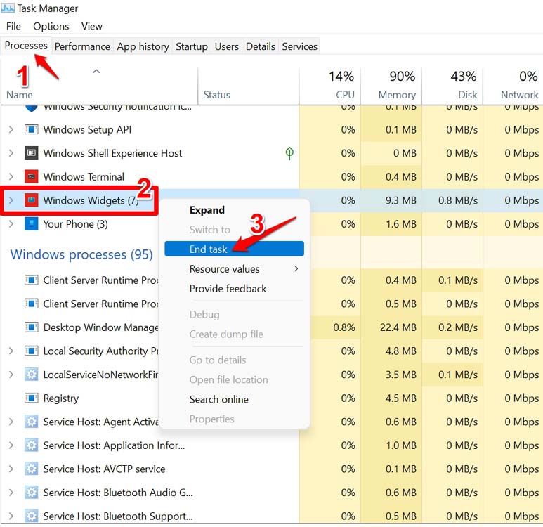 end task windows widgets