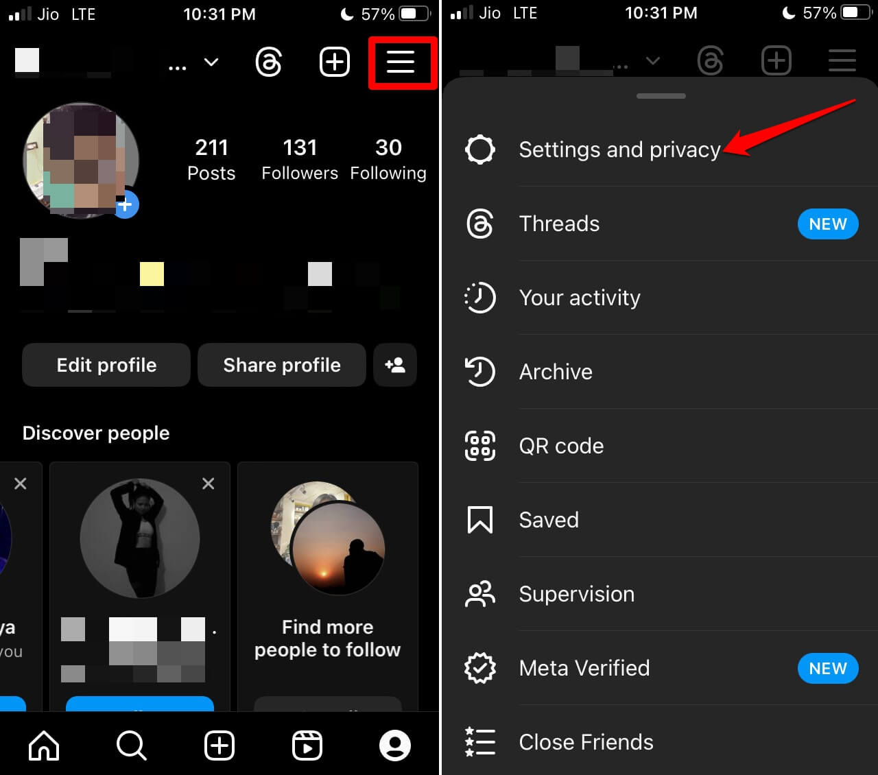 Instagram settings section