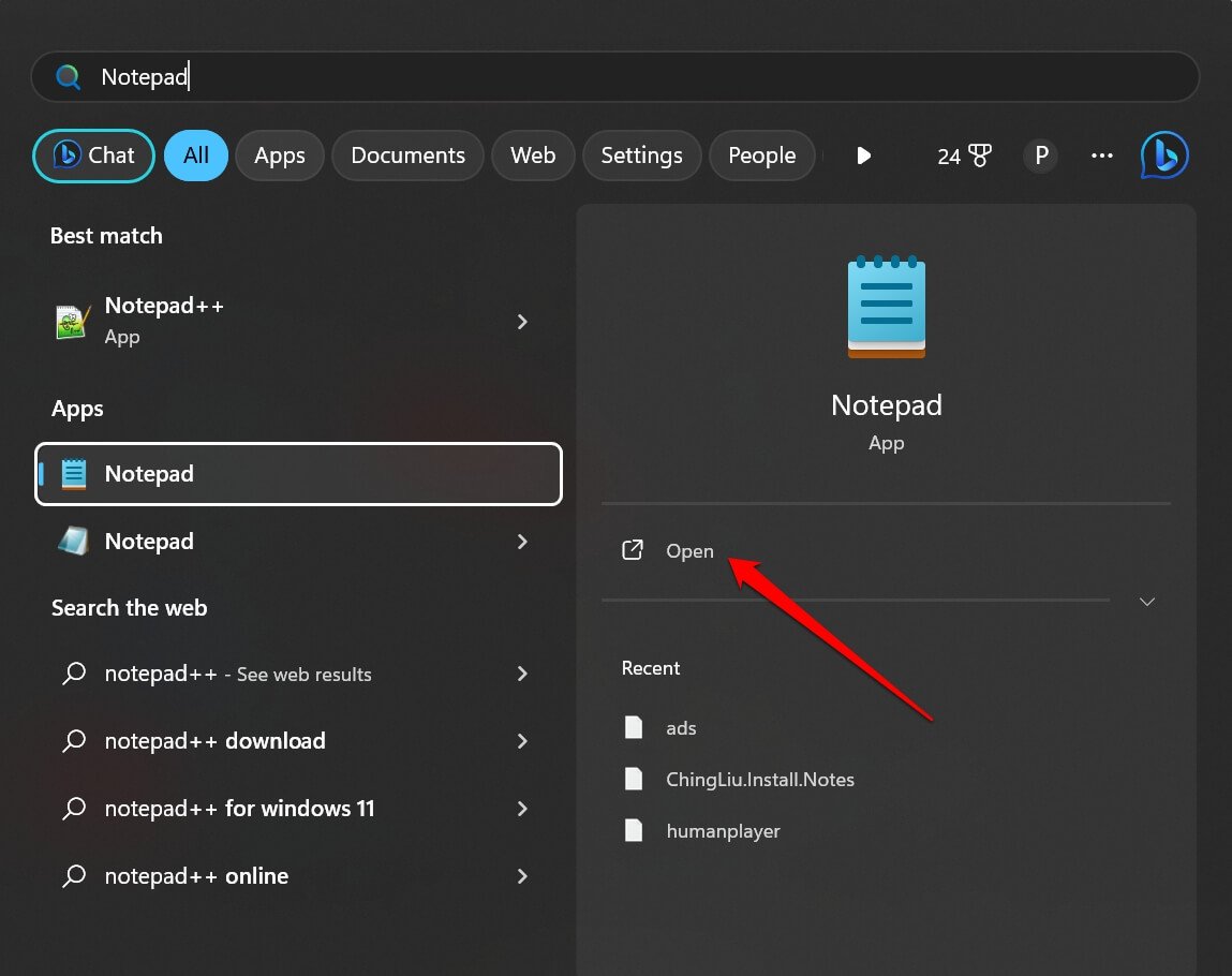 launch notepad app
