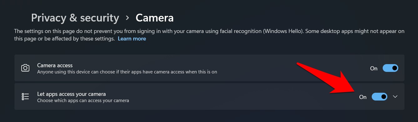 Let Apps Access your Camera