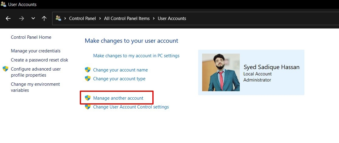 manage another account windows 11