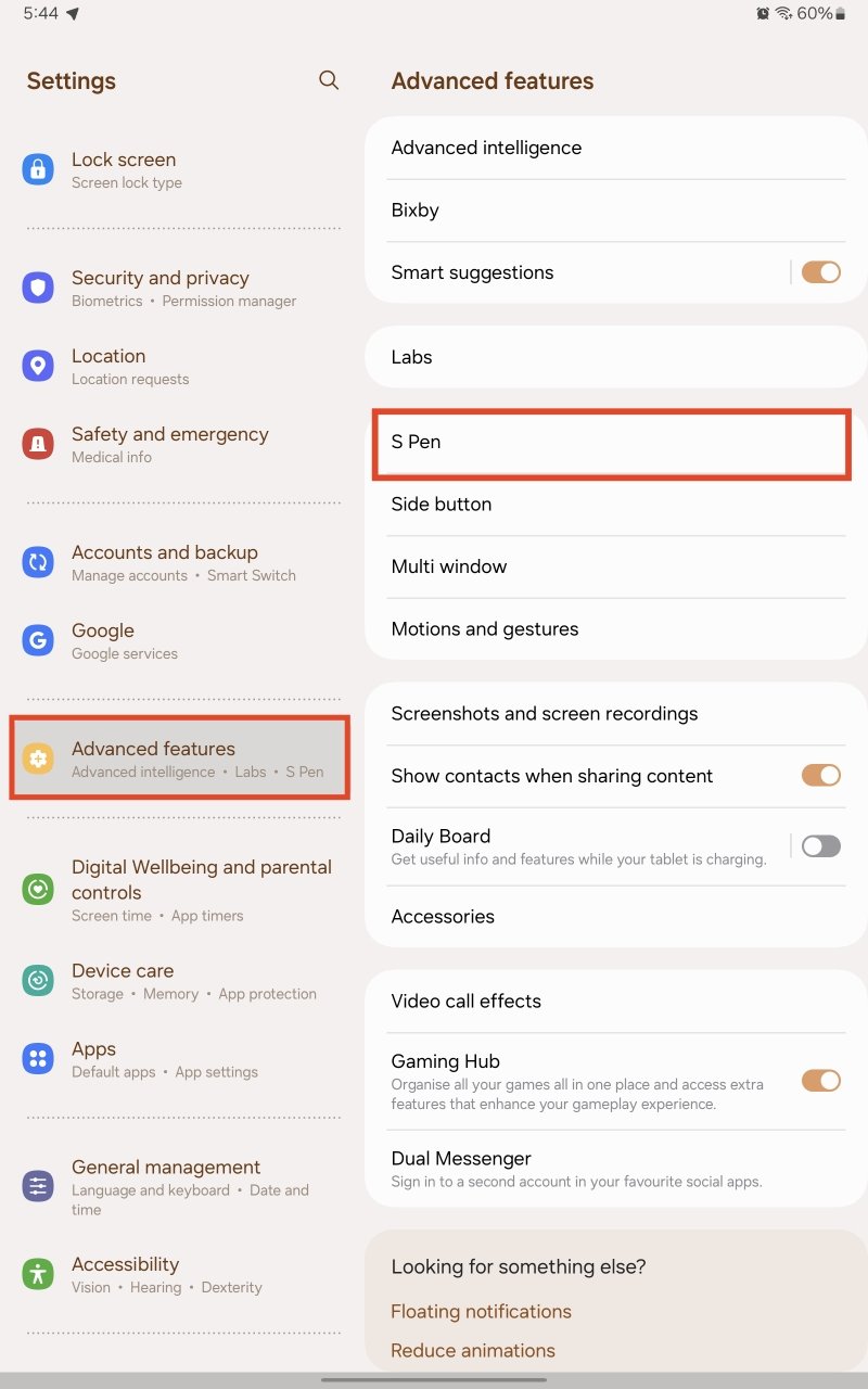 opening S Pen settings