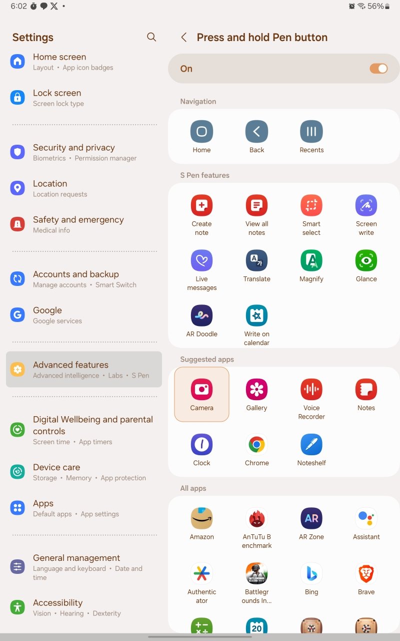 select a feature on an app for the Press and hold pen button