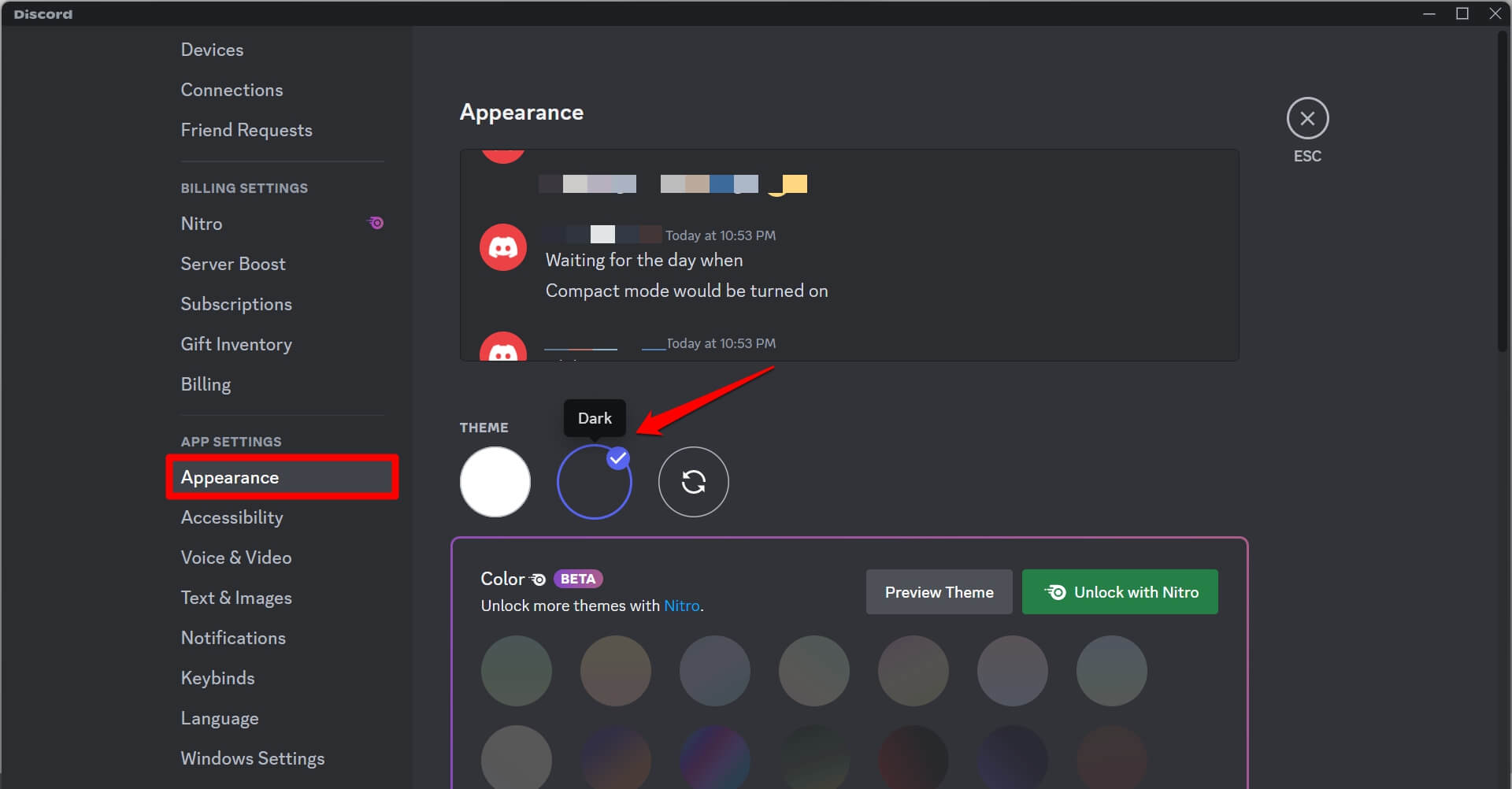 set dark theme on Discord for PC 