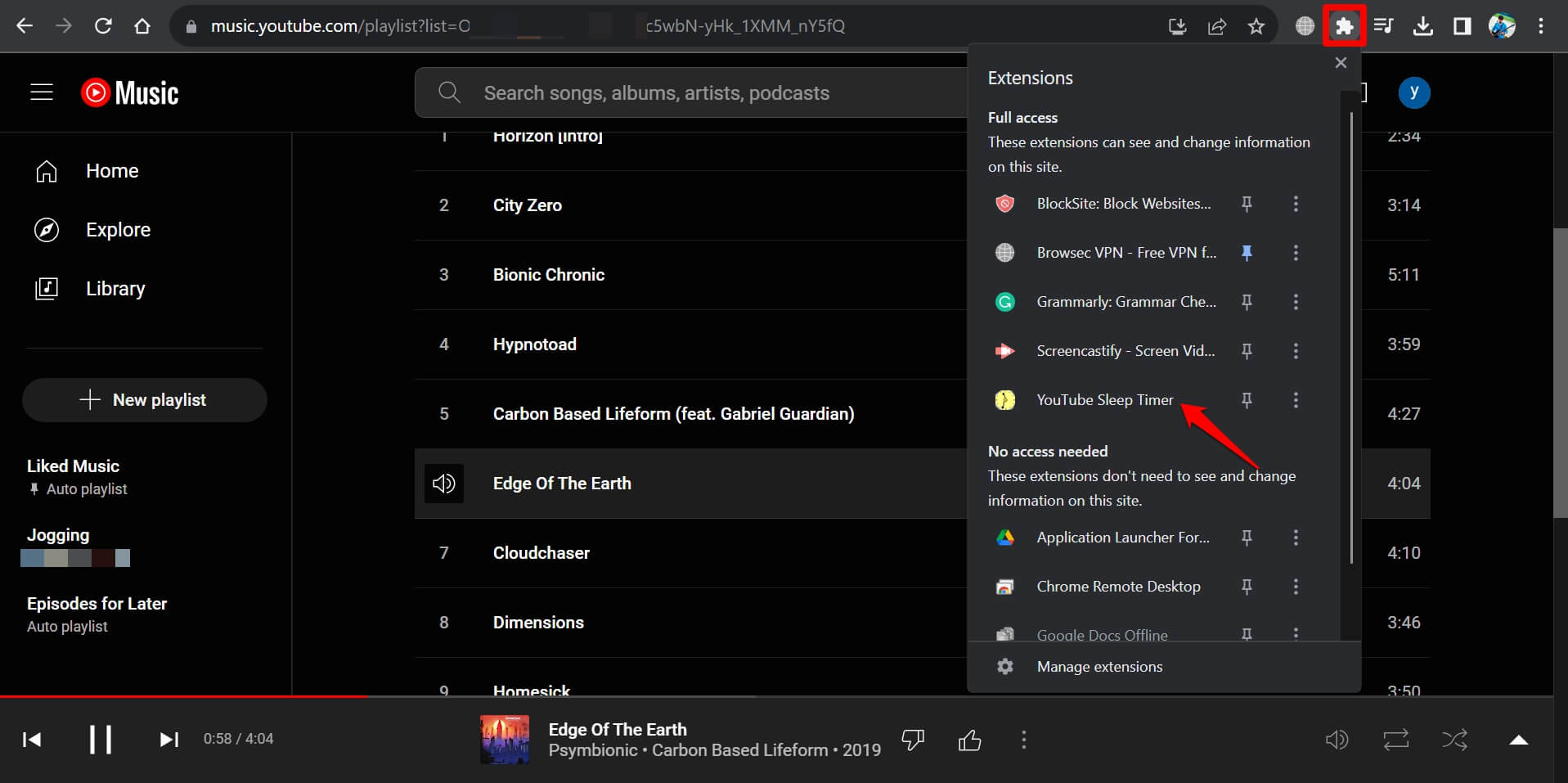 start sleep timer for YouTube music web