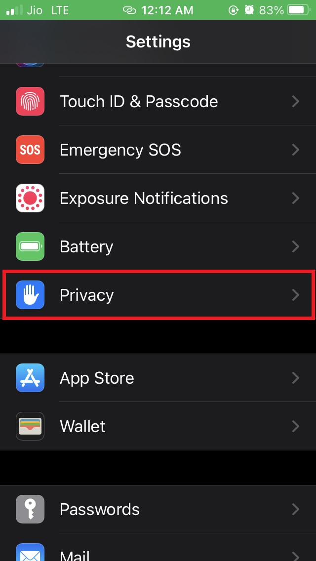 tap on Privacy