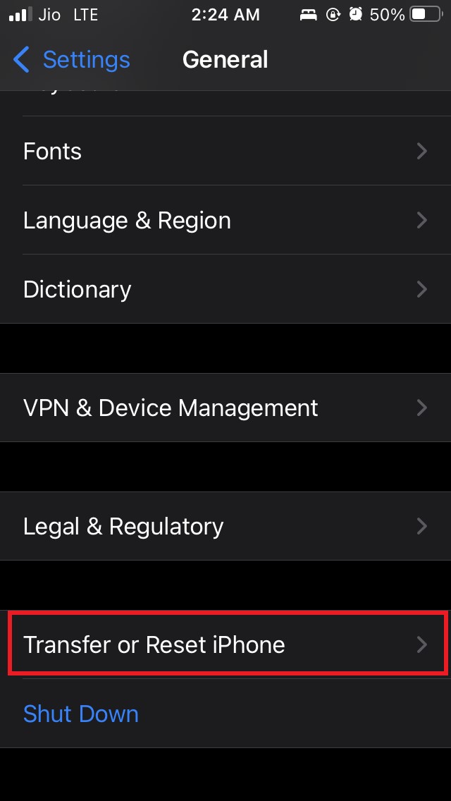 tap on transfer or reset iPhone