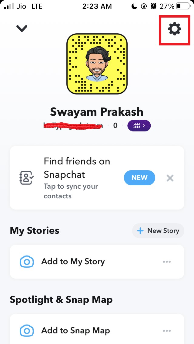 tap the gear icon for Snapchat settings