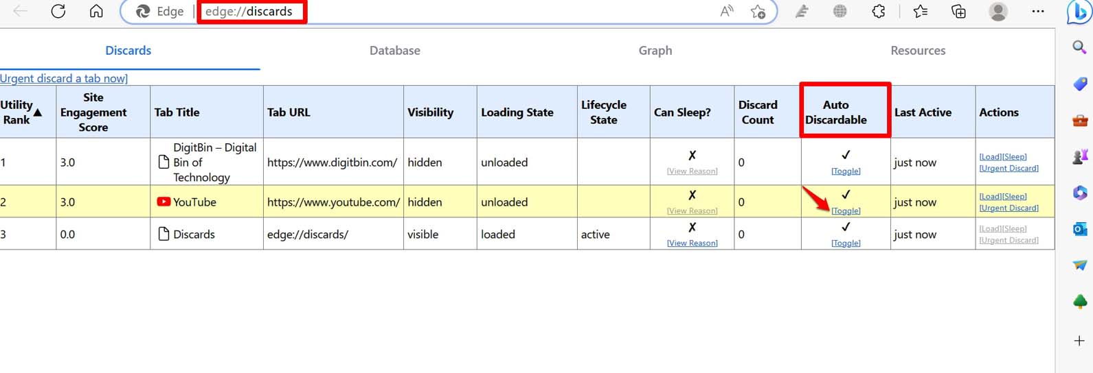toggle auto discard tabs in Edge browser
