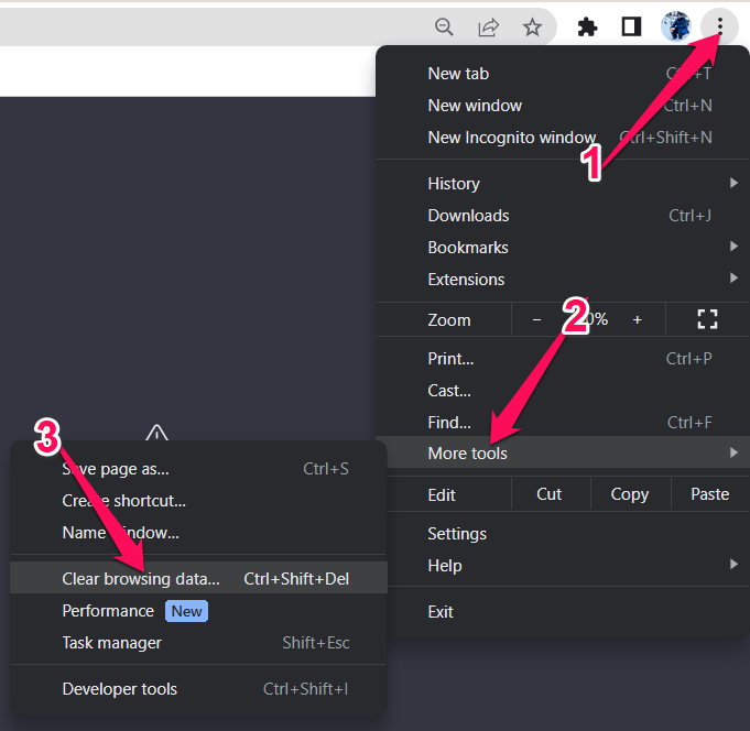 Go to the "More Tools" option," then "Clear browsing data."