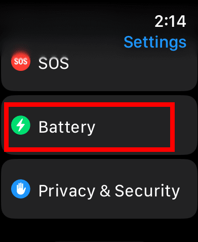 First, open the settings app on your Apple watch and click on battery. 