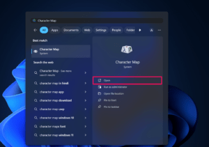Search Character Map and Click Open